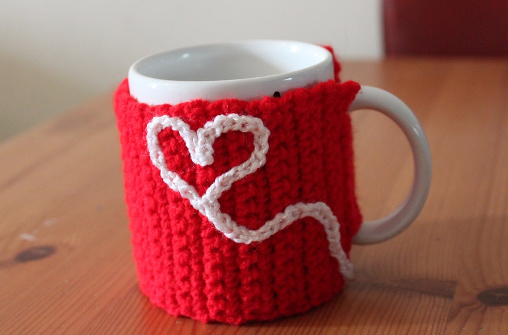 Red Mug Cozy With Embroidered Heart - Free International Shipping