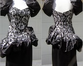 Vintage 80s Black & SIlver Lace Party Dress Gown - Black Satin - S to XS - Crazy OTT Sexy