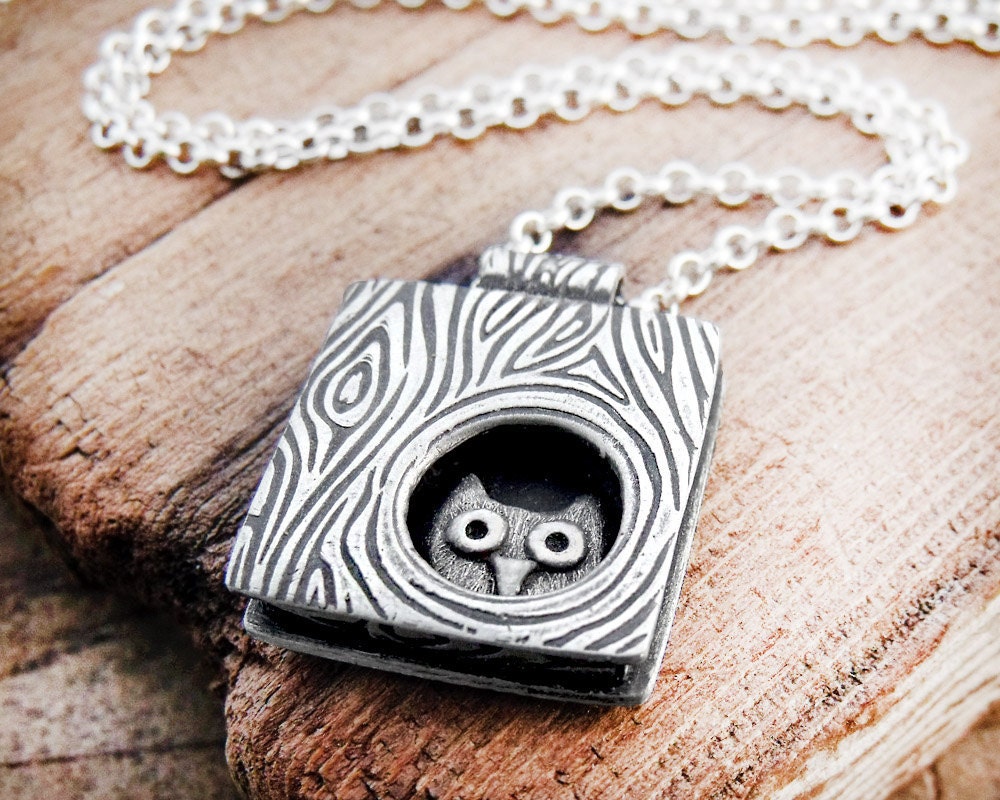 Owl necklace silver - Whimsical owl in a tree - Made to order