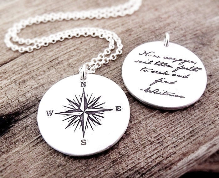 Voyager necklace - compass rose and Whitman quote - Inspirational jewelry - Graduation pendant
