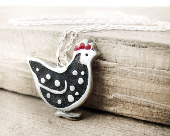 Chicken necklace in silver and concrete - Hen necklace - made to order