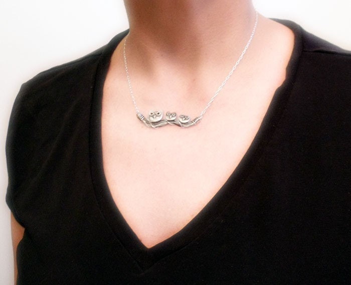 Owl family necklace - sterling silver owl jewelry - mom