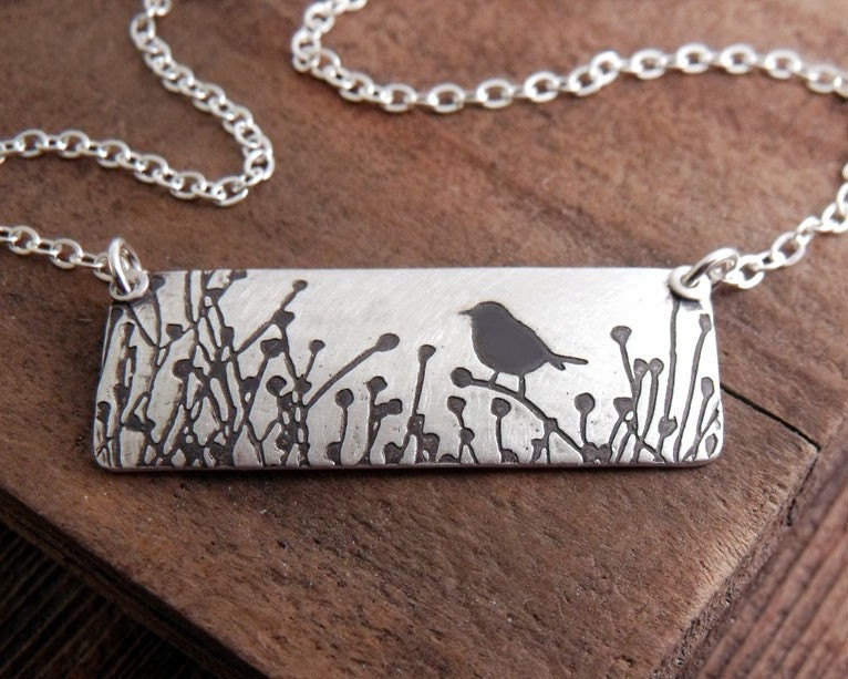 Bird necklace - Little bird in the tall grass -  silver