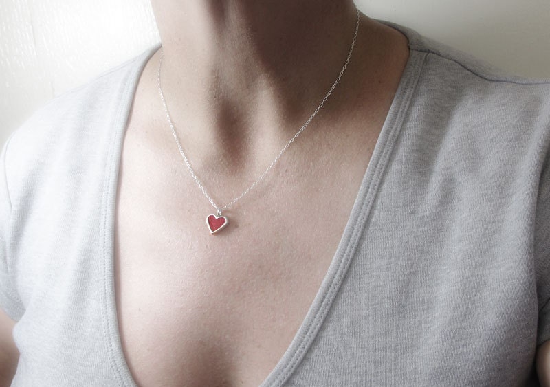 Heart necklace - red concrete and silver - tiny