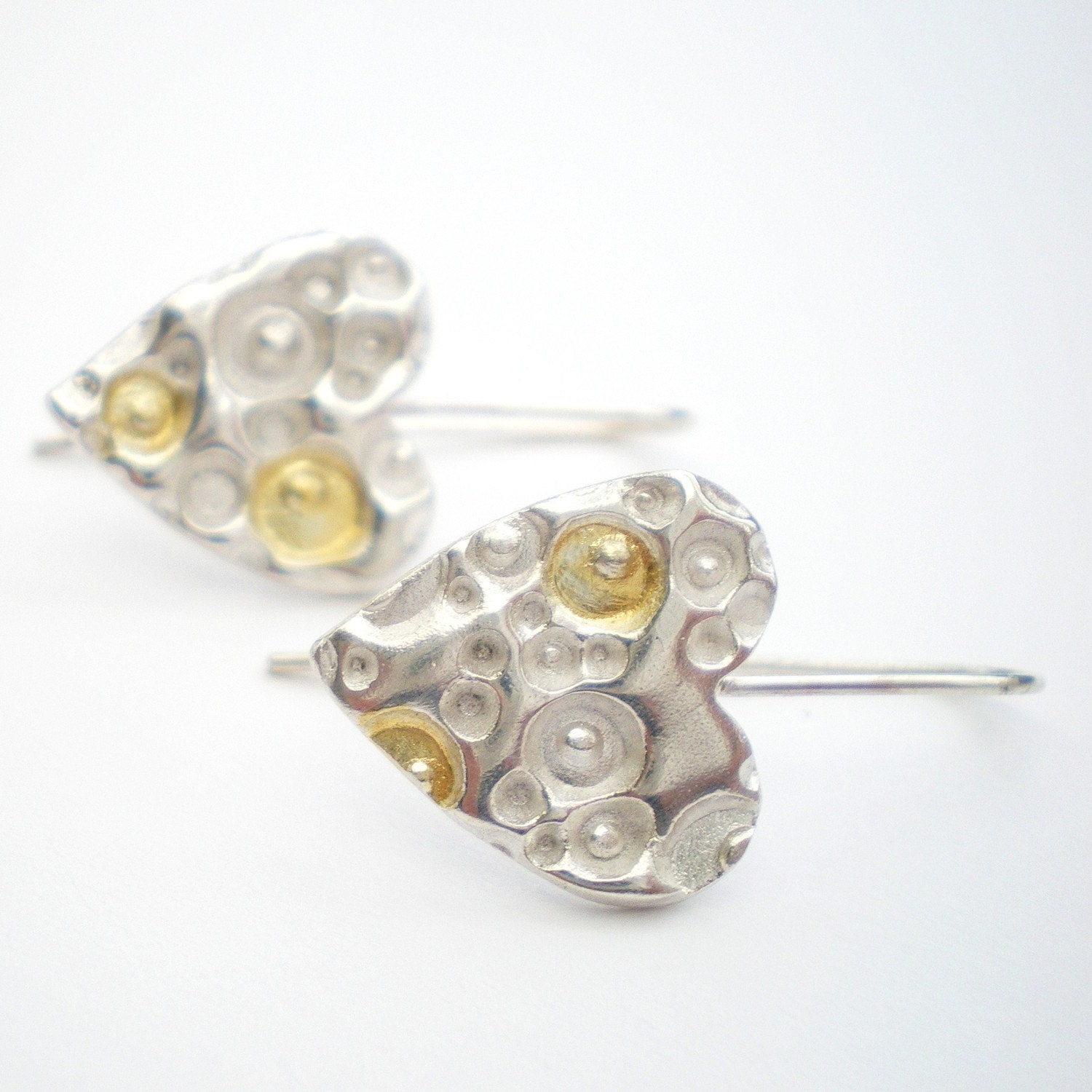 Silver Heart Earrings with Gold Coral Texture, Bride Earrings, Bridesmaid Earrings, Wedding