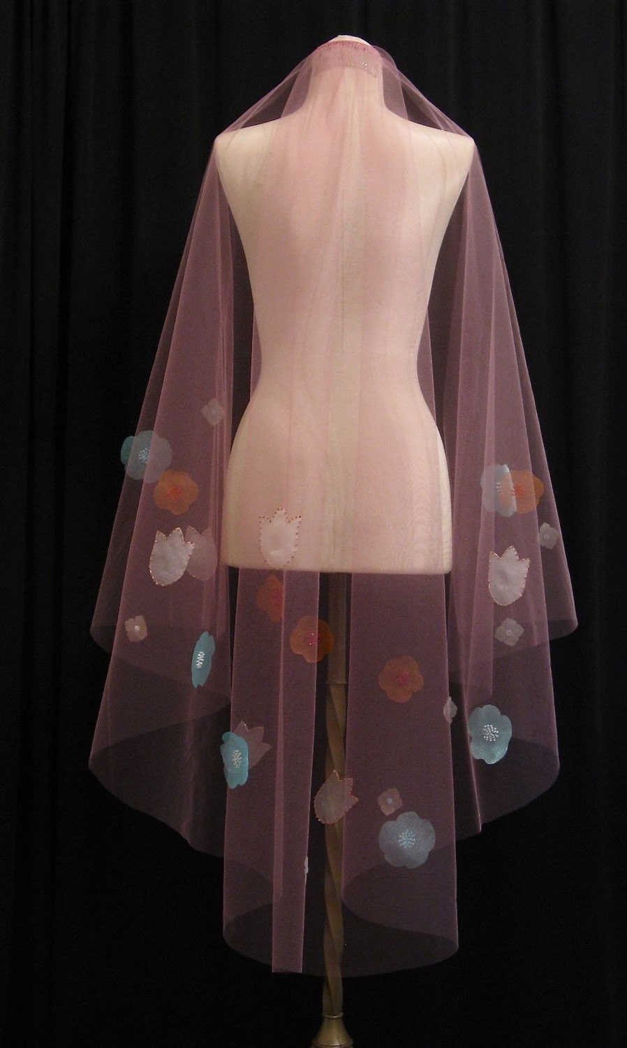 Rose Pink Wedding Veil With Beaded Flowers