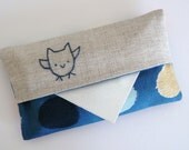 Tissue Holder. Owl. bird. Linen with blue cotton fabric. Hand embroidered.