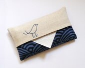 Tissue Holder. Bird. Linen with navy blue Japanese fabric. Hand embroidered.