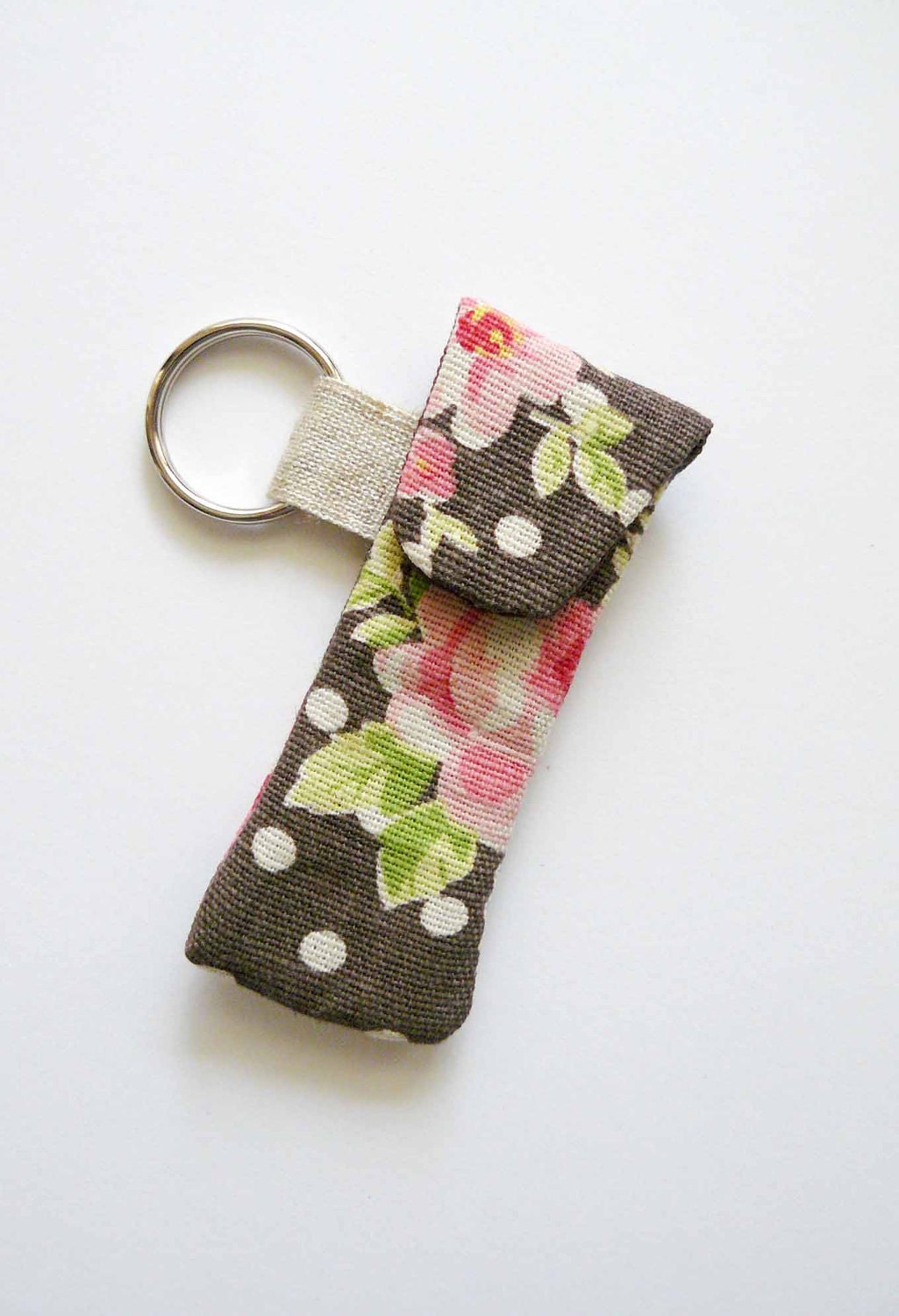 lip balm or usb stick holder keyring. chocolate brown and pink floral.