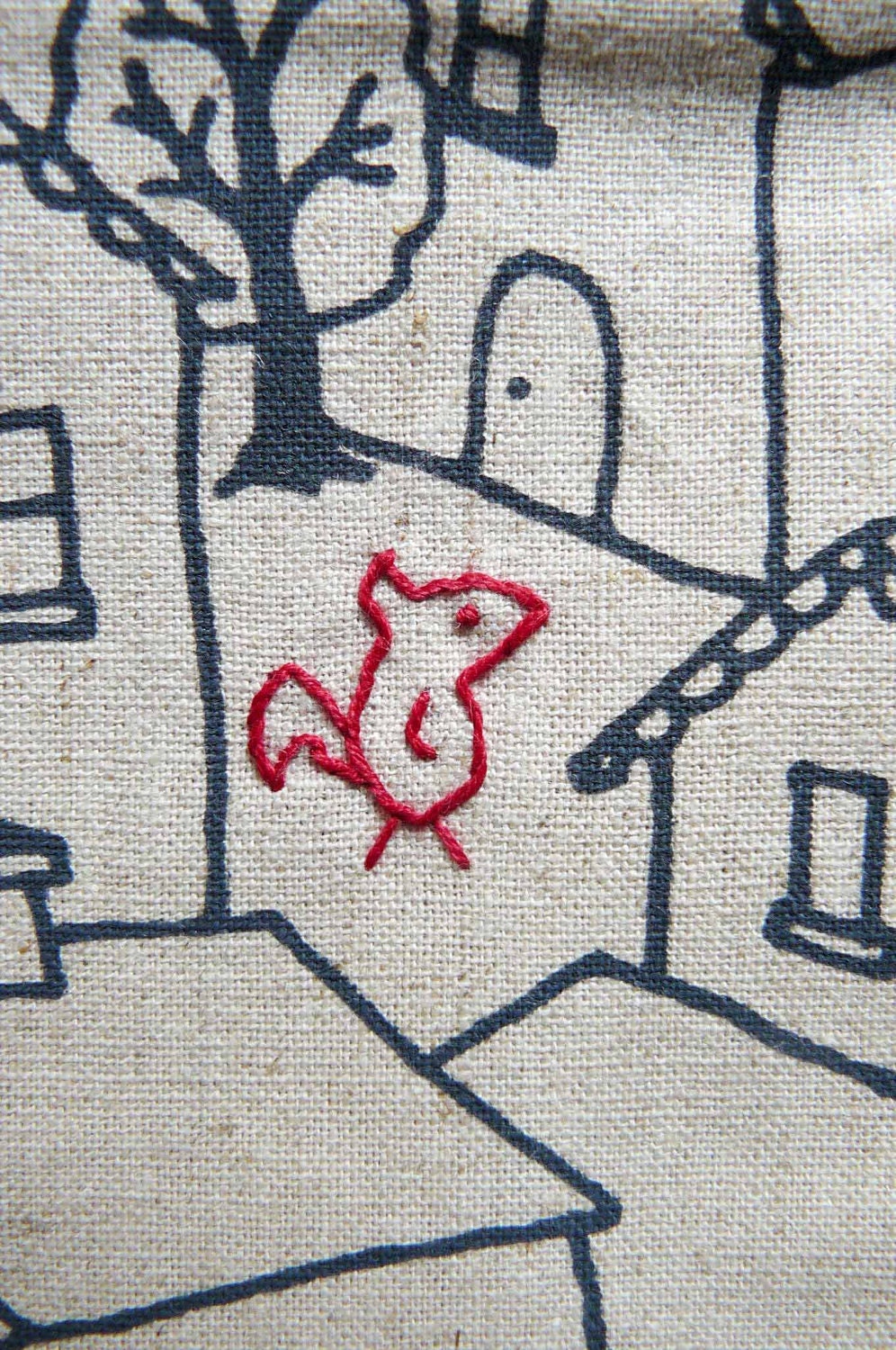 zipper pouch, purse. red fox squirrel and bird embroidery. navy blue houses on taupe sustainable linen cotton blend designed fabric.