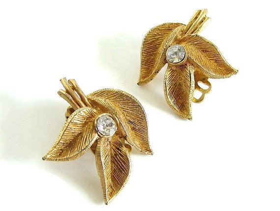 Gold Leaves Clip On Earrings Vintage Jewelry