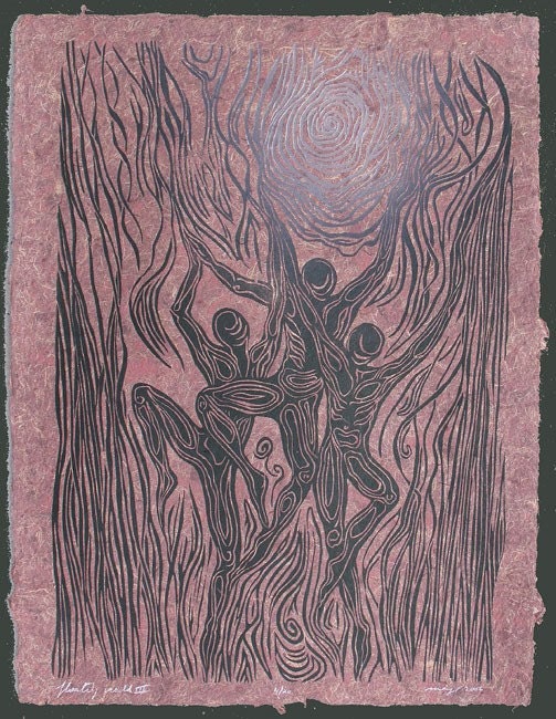 Floating World III Figures Dancing Under Sun Woodcut on Hickory Handmade
