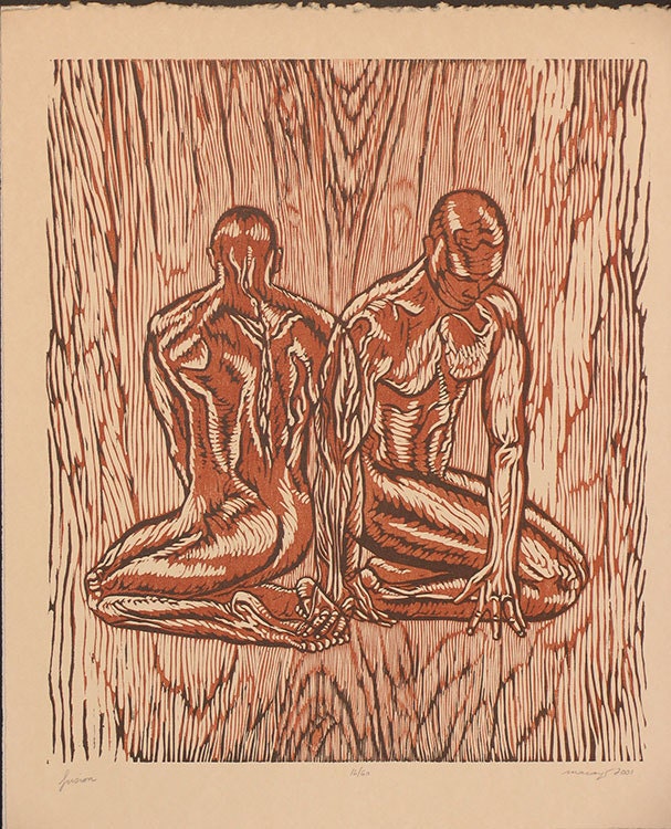 Original Art LE Earthtone Woodcut Male Man Figures Classic Model Pose Fusion