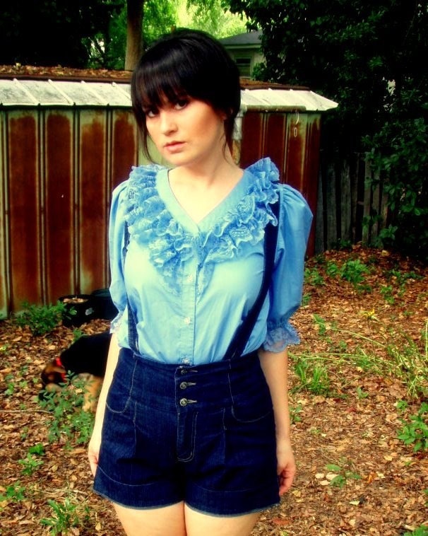 Blue Lace Puffed Sleeve Blouse - Size S/M