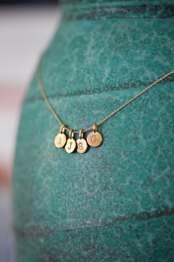 FOUR Charms TIny Initial Necklace in 14k Gold Vermeil