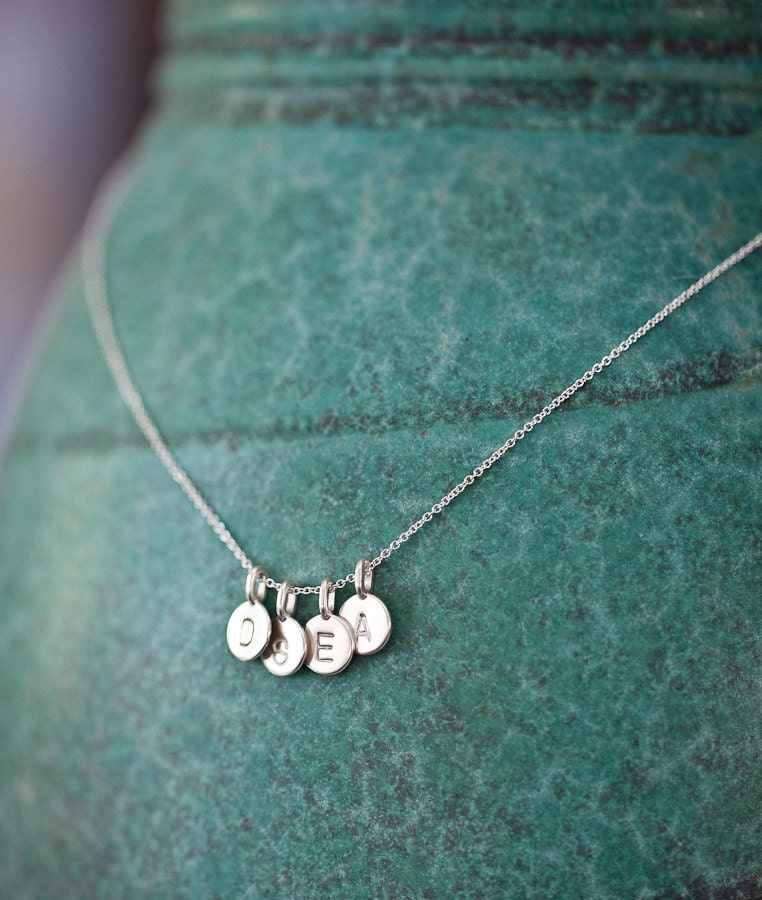 FOUR Charms Tiny Initial Necklace in Sterling Silver