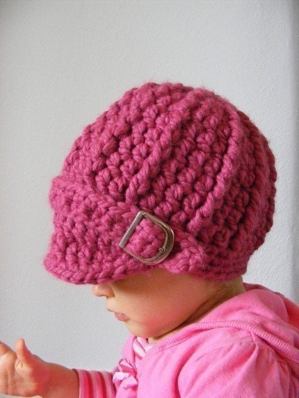 Baby Hat, 9 to 12 Month Baby Girl Crochet Visor Hat Buckle Beanie - Raspberry Pink Trend Warm Visor Beanie for Baby Girls, Toddler Girls