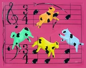 Cow Art music notes chords pink orange blue yellow Folk Art Signed Matted Fine Art Print - RisingStarArt