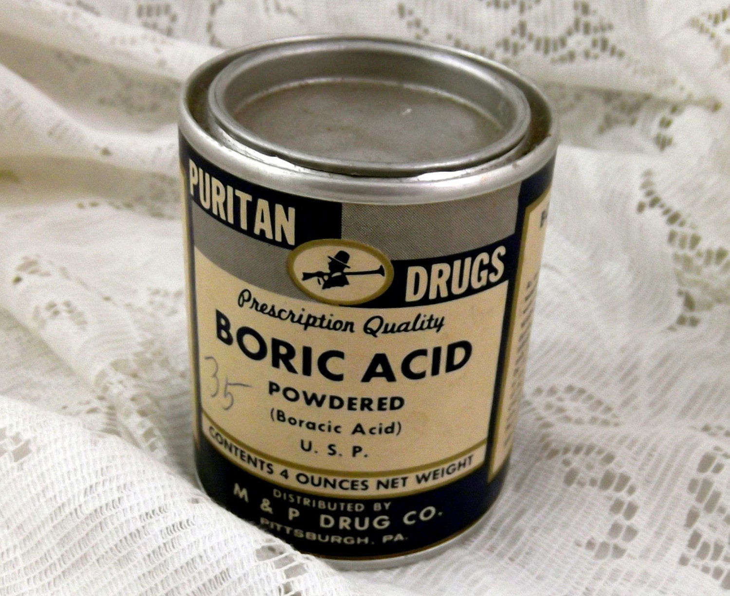 Vintage Puritan Drugs Prescription Quality Powdered Boric Acid Aluminum Tin