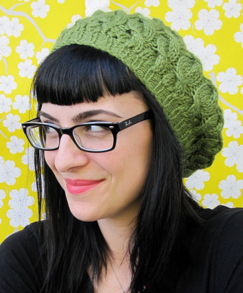 SUPER SALE Twisted Thistle Slouchy Cabled Beret in Garden Green