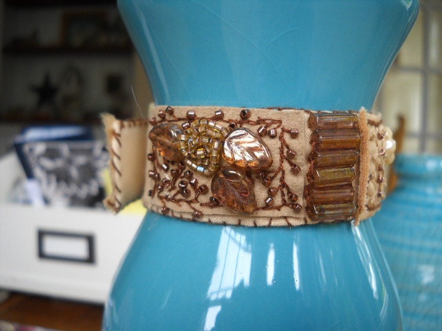 Handmade Bracelet Cuff Fiber embroidered Beaded Rustic Shabby Chic Bohemian "In the Garden"