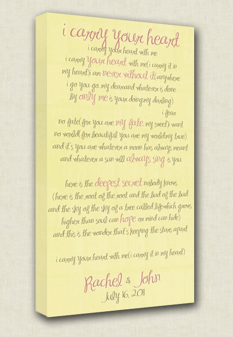 I carry your heart  Typography Wedding Sign is so popular, or Vows on Canvas Wedding Art custom Romantic 10x20