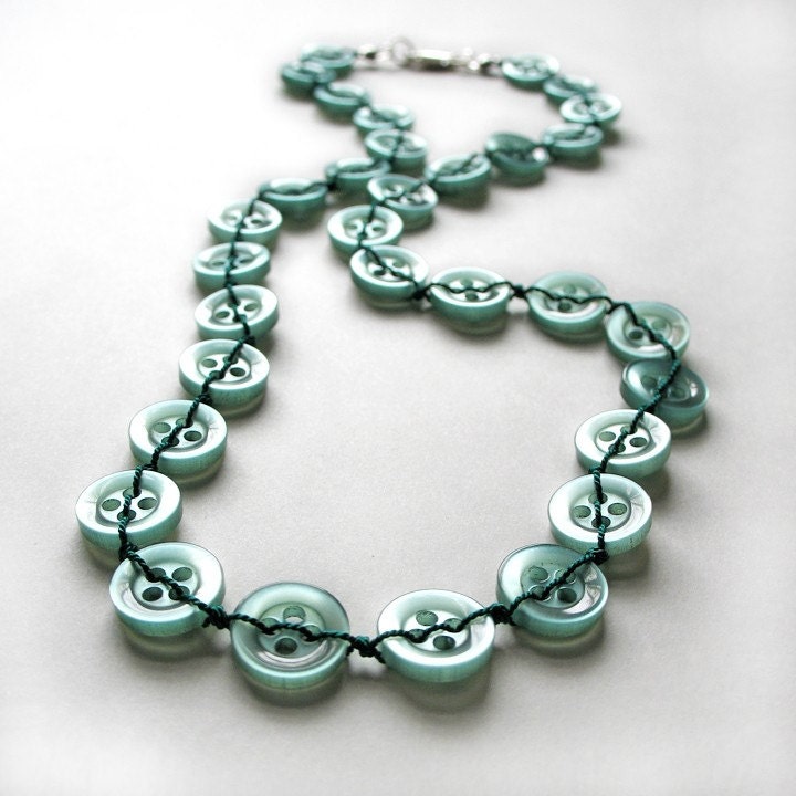 SALE monochromatic green stitched modern button necklace with sterling silver