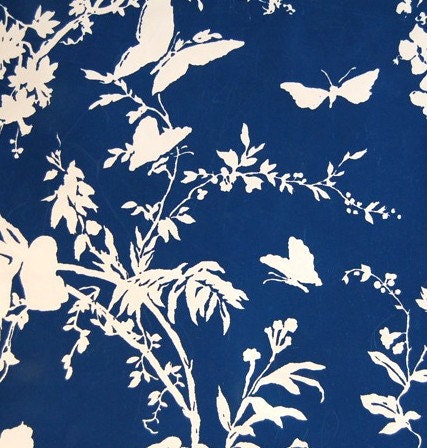 navy and white butterfly and floral vintage wallpaper