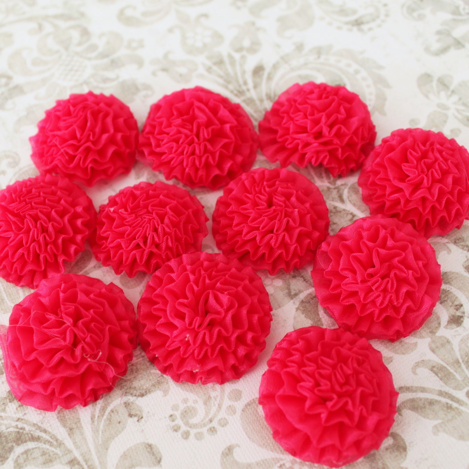 Lot of 10, Magenta Organza Chrysanthemum Flower Appliques in 1.5"