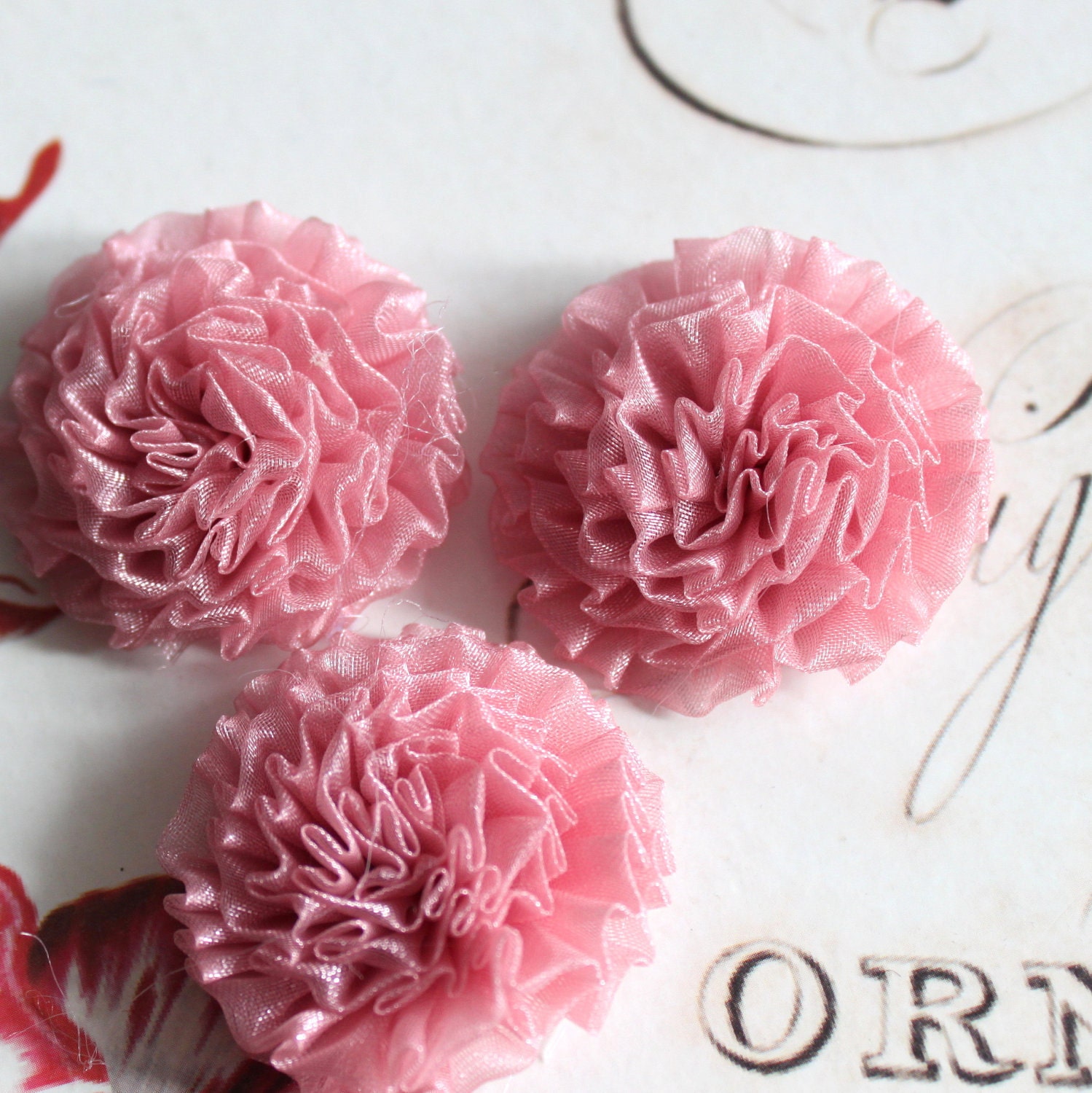 6 pcs , Mauve Pink Organza Chrysanthemum Flower Appliques in 1.5"