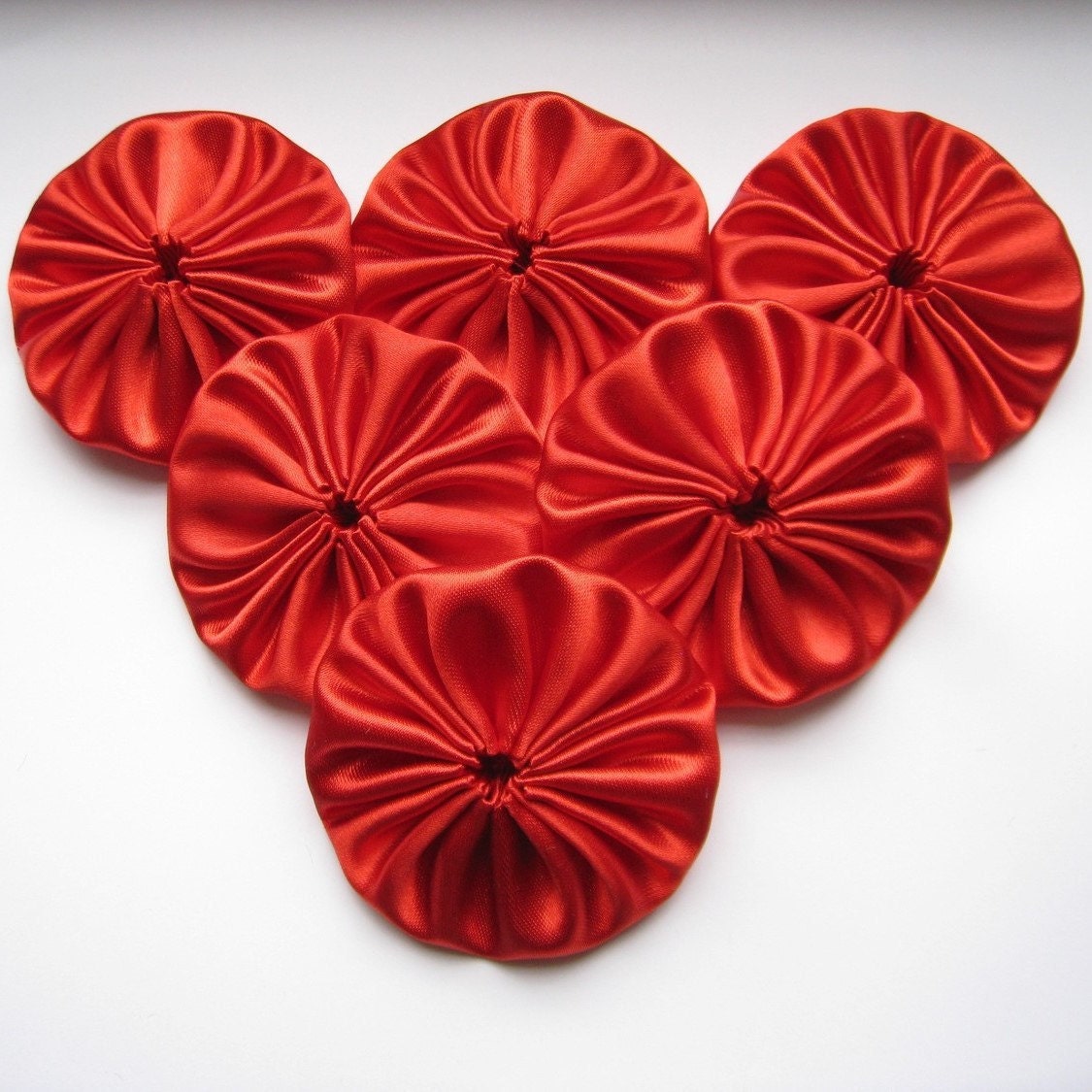 Handmade Red Silk Satin Sew on Yoyo Appliques - 6 pcs