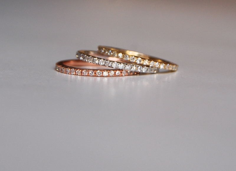 reserved -skinny and stackable eternity diamond wedding band 14k  Rose gold- 2 bands