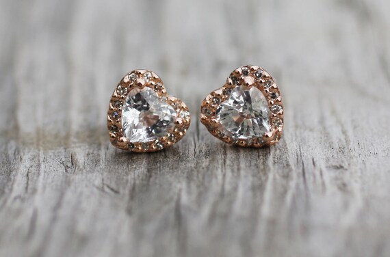 reserved - Heart white sapphire diamond earrings 14k rose gold