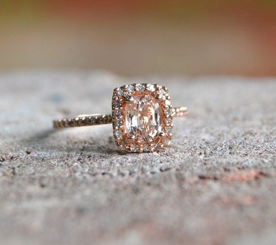 Cushion peach champagne sapphire in 14k rose gold diamond ring