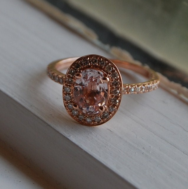 1.6ct oval peach champagne sapphire diamond ring 14k rose gold