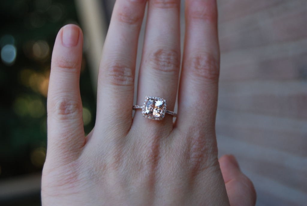 Cushion peach champagne sapphire in 14k rose gold diamond ring-on hold-2nd payment