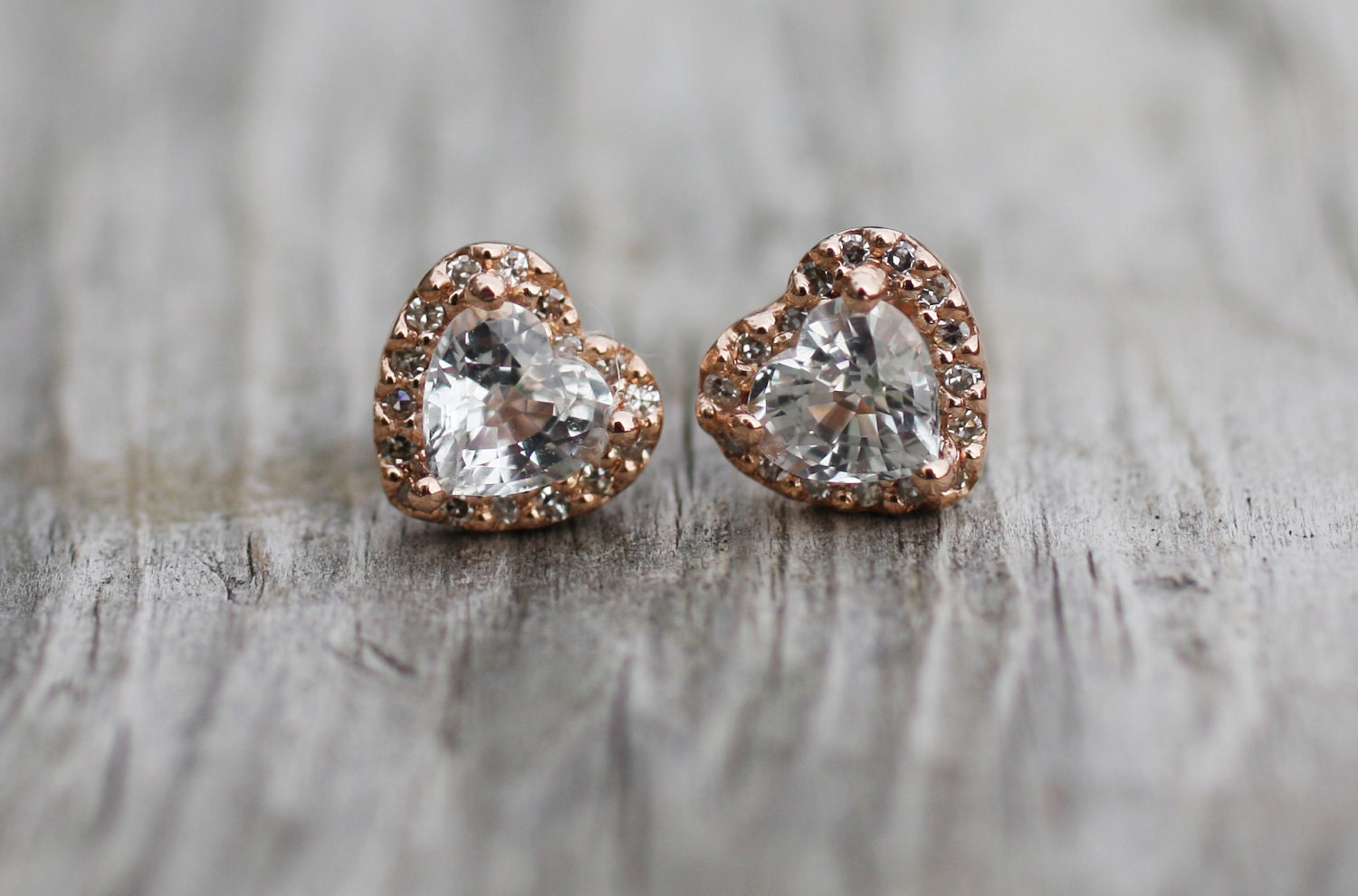 reserved - Heart white sapphire diamond earrings 14k rose gold