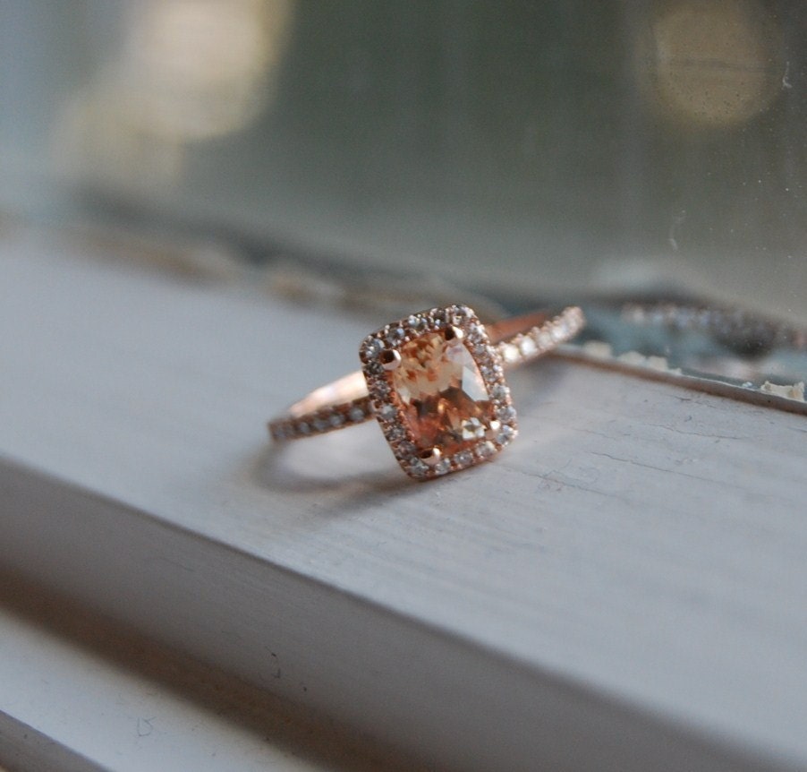 1ct Cushion Peach sapphire in 14k rose gold diamond ring