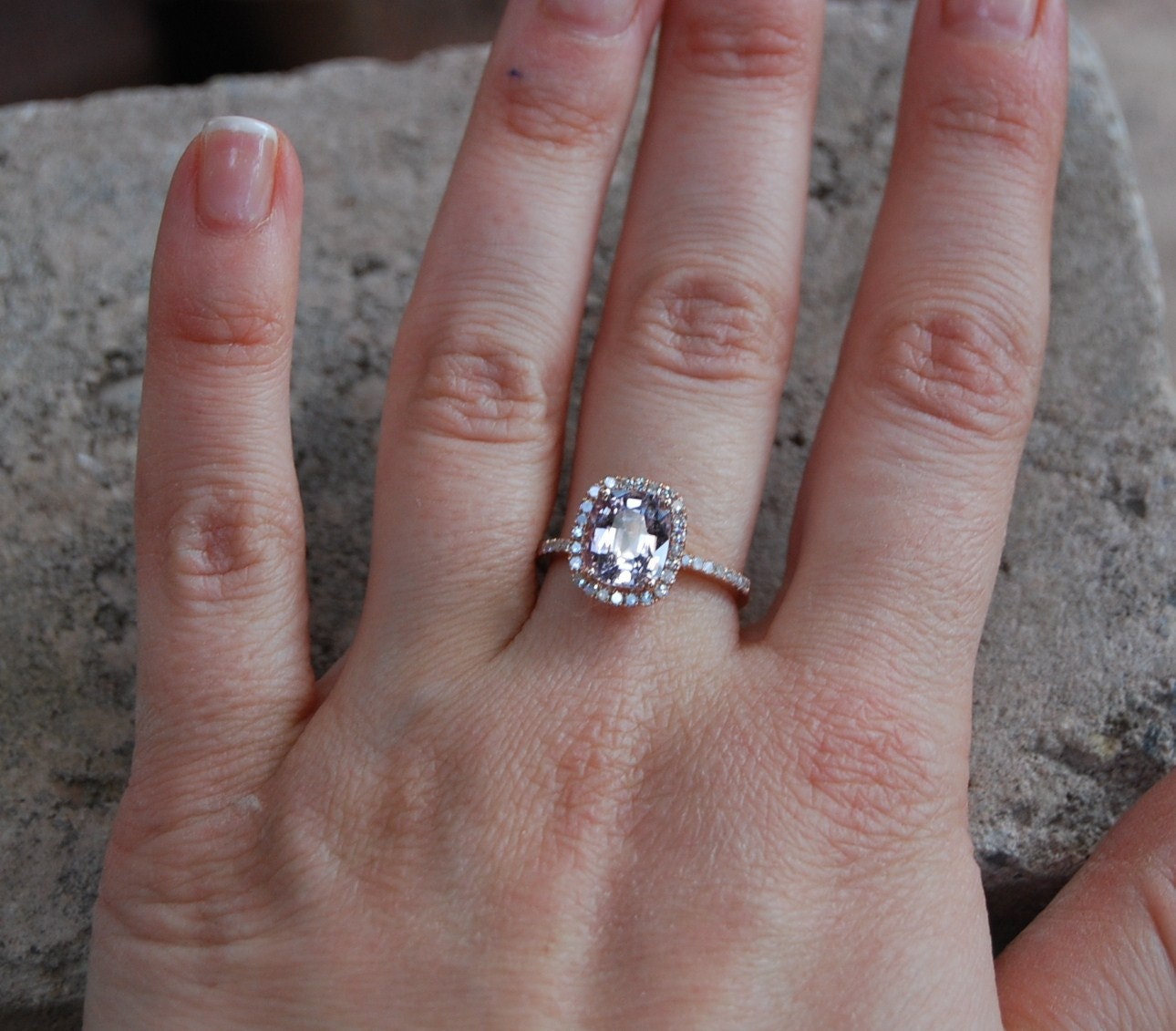2.6ct Cushion peach lavender champagne color change sapphire in 14k rose gold diamond ring