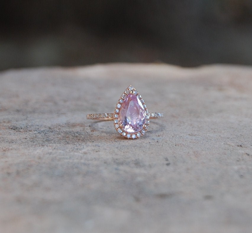 2ct Peach pink champagne tear drop sapphire and rose gold diamond ring