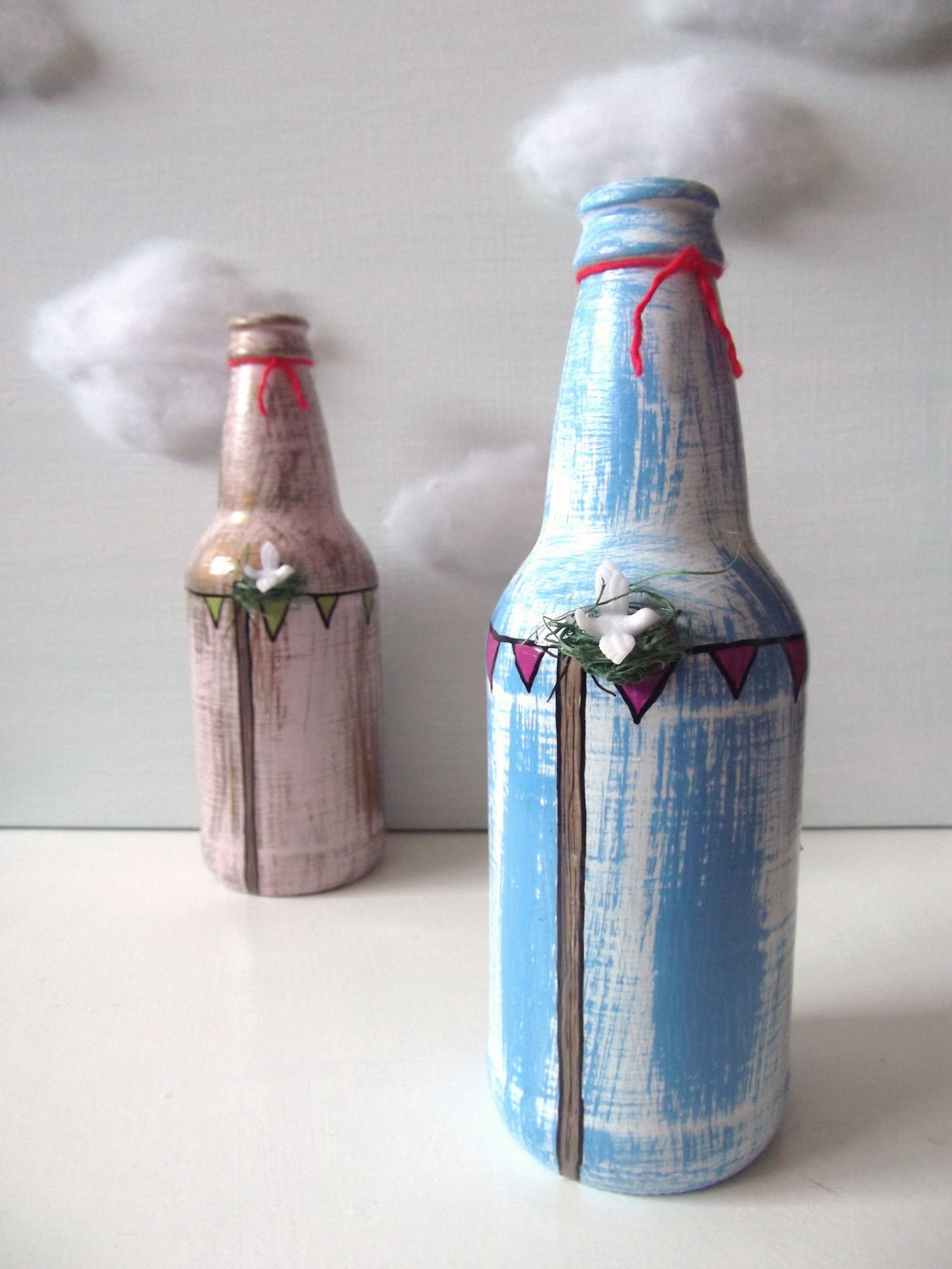bunting bottle / painted and embellished glass bottle /