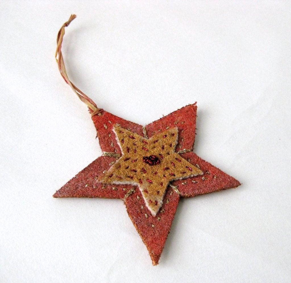 Country christmas star ornament rustic embroidered painted (s)