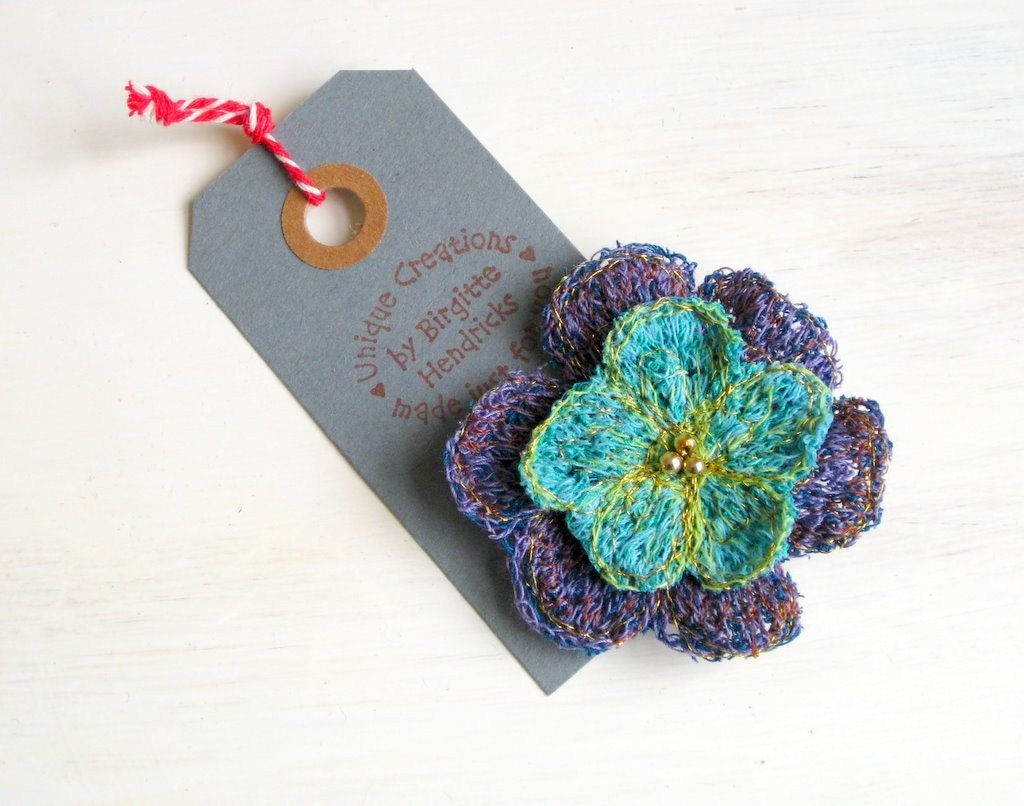 Brooch fiber art turquoise unique flower textile jewelry