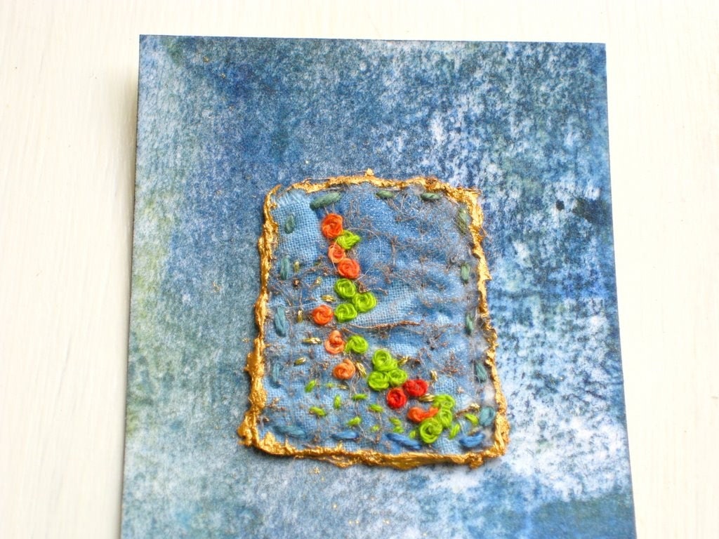 ACEO blue hand embroidered original mixed media