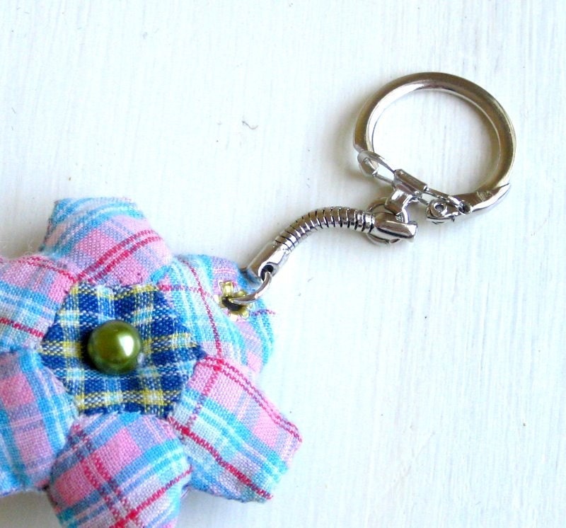 Keyring mini patchwork blue plaid recycled