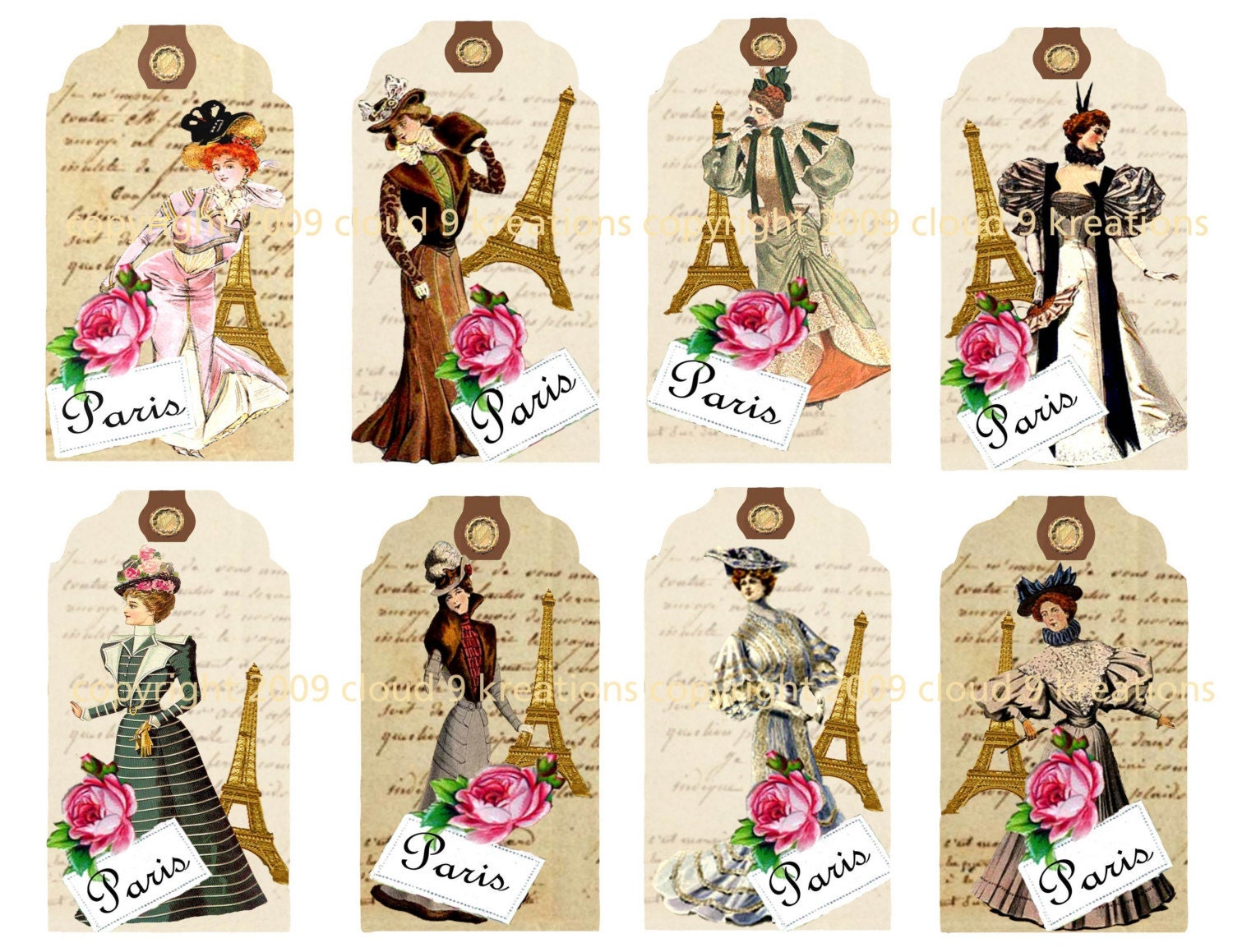 Vintage Paris Fashion Gift/Hang Tags Digital Collage Sheet