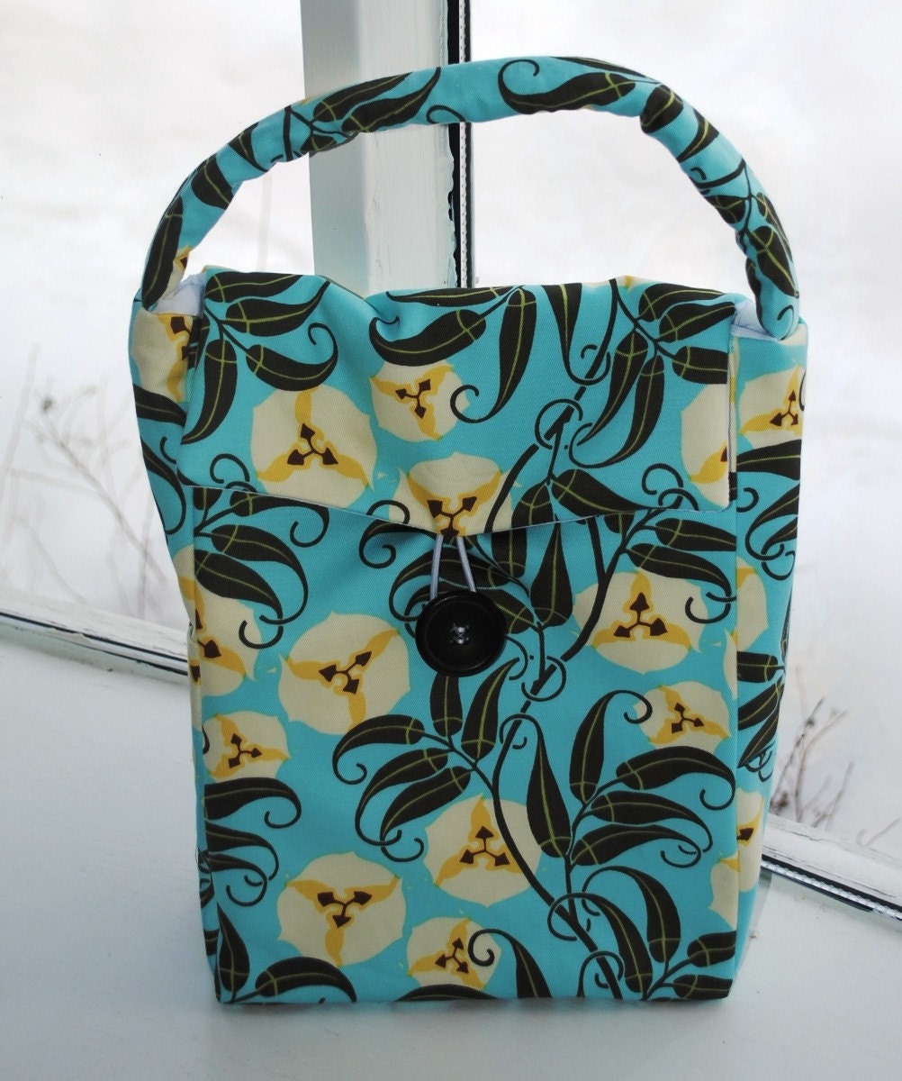 Handmade Reusable Lunch Bag Amy Butler Pansy  Insulated Picnic Sack Pouch