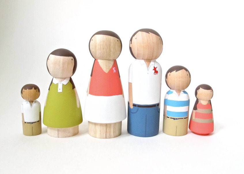Custom Family of 6 - One of a Kind Hand-Painted Wooden Peg Dolls - Unique Family Portrait