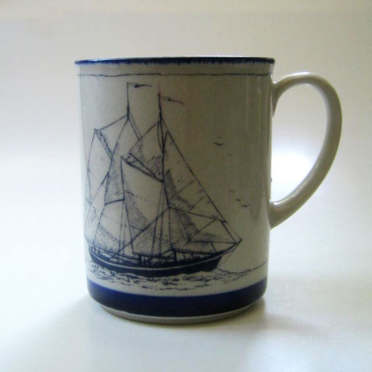 Tall ship. Vintage 1980s nautical stoneware mug.