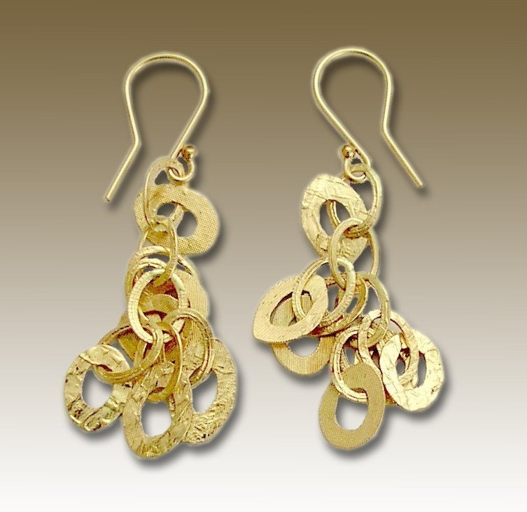 Yellow gold filled hammered dangle circle earrings - Wild is the wind.